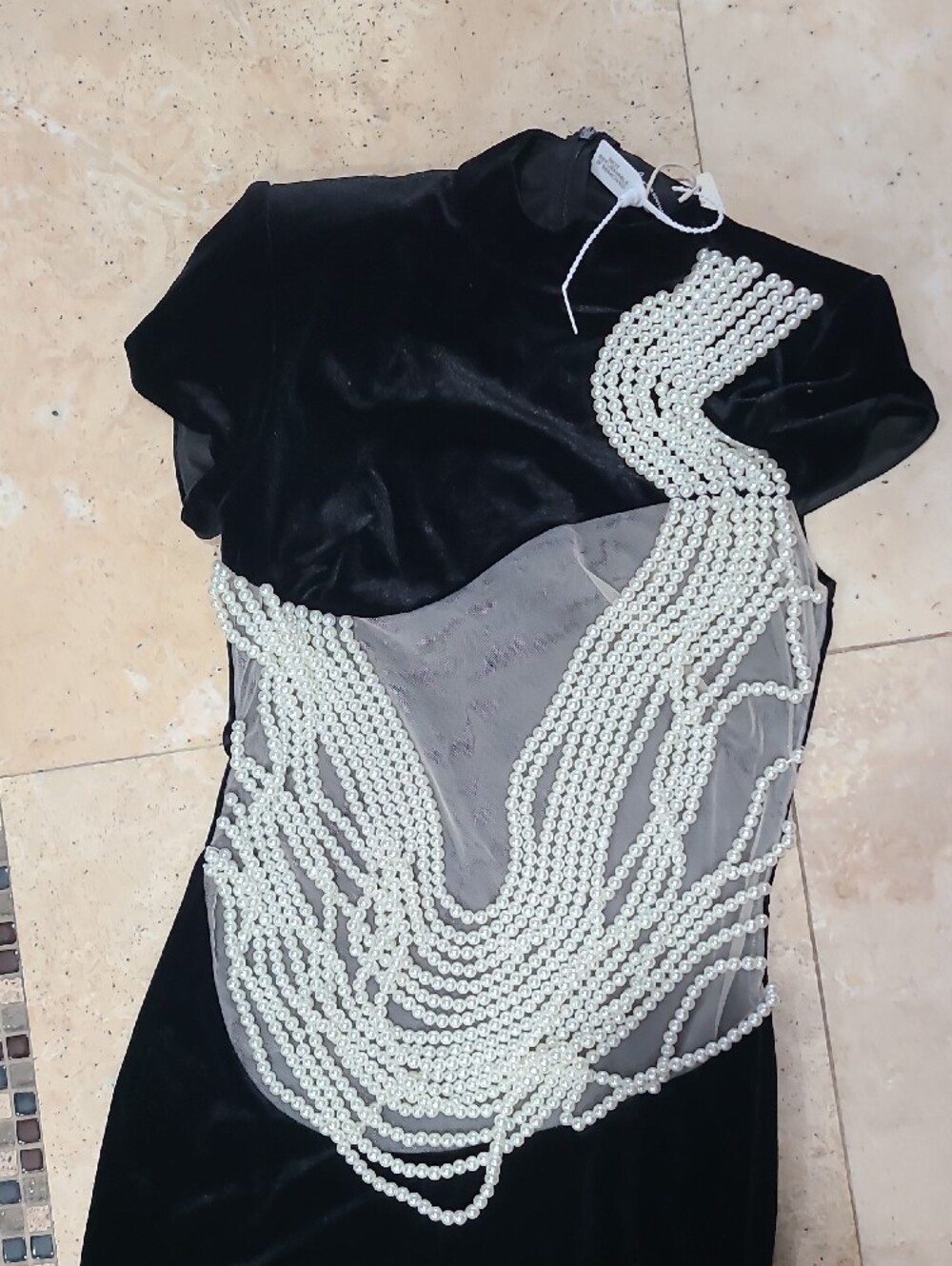 Mew Mews  Black Velvet Prom Dress with Pearl Beaded Bodice - Picture 6 of 14